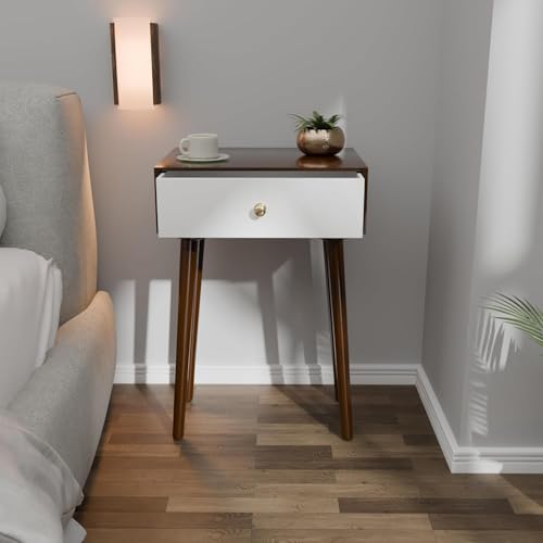 Image of Device Bas with BROWN ART SHOPPEE Coffee Table with Drawer and Solid Wood Legs, Bedside Table for Bedrooms, Century Modern Drawer Storage Cabinet for Living Room Furniture (Brown & White)