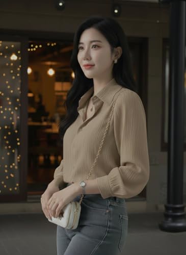 Image of Women's Button-Down Shirt Blouse with Long Sleeves