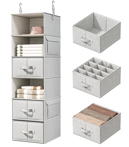 Image of Vailando 6-Shelf Hanging Closet Organizer with 3 Drawers, Closet Hanging Shelves with Removable Fabric Drawers for Wardrobe, Nursery & Dorm Storage, Silver Gray