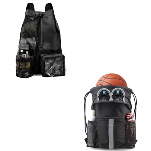 BeeGreen Gym Bags for Swimming Pool Sports Beach Mesh Drawstring Backpack & Drawstring Backpack Bag with Shoe Compartment X-Large Black Gym Sports Black