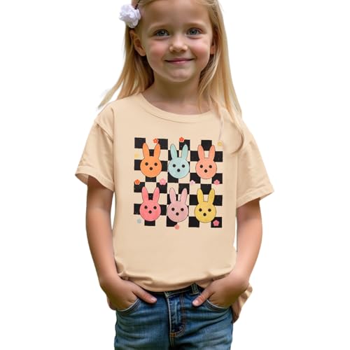 Image of CM C&M WODRO Kid Girl Easter T-Shirt Cute Bunny Flower Checkered Print Tees Summer Short Sleeve Shirt Tops 7-12 Years