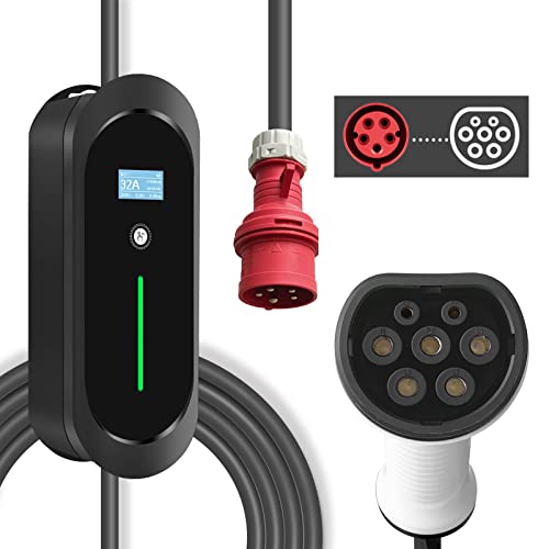 EVCARS Typ 2 Ladekabel 22kw 32A EV Ladegerät 11kw Elektroauto EV Hybrid & E-Auto Tragbares EVSE für Elektrofahrzeug 5M 3 Phasig 380V, Schutzart IP65, CE-Zulassung, Schaltbar Strom