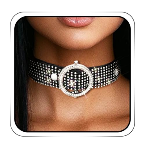 ACEDRE Black Rhinestone Choker Necklace Leather Gothic Thick Collar for Women