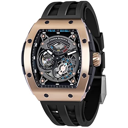 TSAR BOMBA Montre Homme Automatique - Montres Tonneau de Luxe - Etanche 50m - Indicateur de Réserve de Marche - Bracelet en Caoutchouc Fluoré - Lumineux