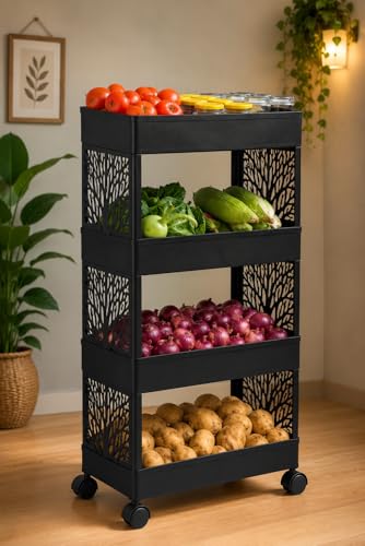 Image of Plastic Multipurpose 4-Tier Floor Mount Corner Shelf Kitchen Organizer Rack /Storage Shelf /Dish Rack /Storage Rack for Kitchen (22cmx40cmx91cm), (Black, 4 Layer)