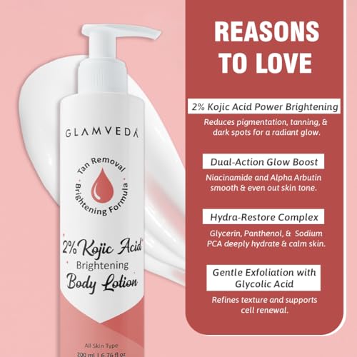 Image of Glamveda Body Lotion with 2% Kojic Acid & Alpha Arbutin 200ml Pack of 3 | 24hr Deep Moisturizer, Nourishes & Protect Skin | Remove Dark Spots, Pigmentation, Tan Removal | Non Greasy | All Skin Type
