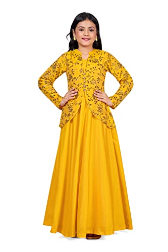 Image of Fashion Dream Girls Yellow Solid Maxi Dress with Attached Foil Printed Shrug(Yellow 5-6 Year)