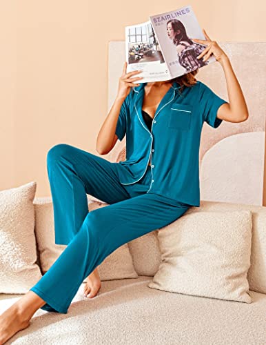 Avidlove Women Pajamas Set Notch Collar Soft Sleepwear Pjs Short Sleeve Button Down Nightwear With Long Pants Peacock Blue #TOP2