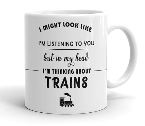VIROSA Trains Mug – “in My Head I’m Thinking About Trains” – 11oz Ceramic Cup – Gift for Trainspotters – Rail Fan Present