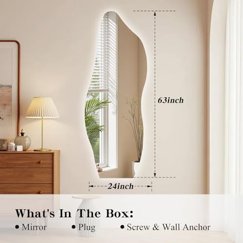 Image of QDSSDECO 63 inch x 24 inch LED Full Length Wall Mirror, Wavy Frameless Design