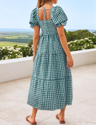 Image of ZESICA Women's 2026 Boho Summer Dresses Gingham Puff Sleeve Square Neck Flowy Beach Midi Dress