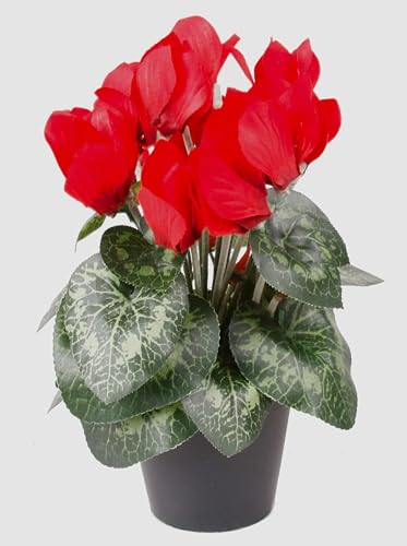 artplants.de Kunstblume Alpenveilchen im Topf, 12 Blüten, rot, 25cm - Mini Kunstblumen - Dekoblumen klein
