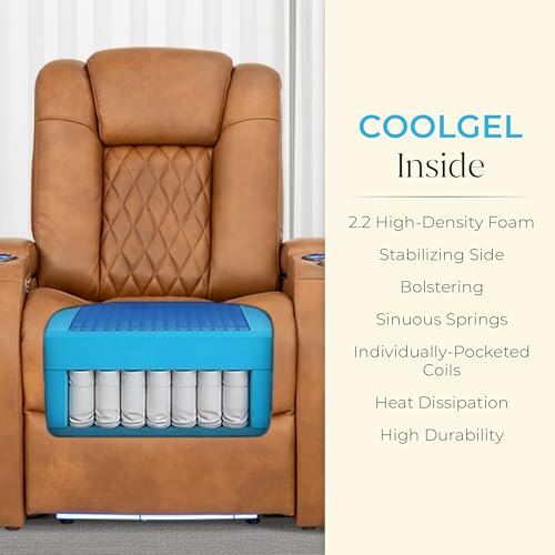Image of Seatcraft Virtuoso LT Tawny Italian Leather Home Theater Seating, Zero Gravity Power Recliner, Powered Headrest and Lumbar Gaming and Home Office Chair, Heat and Massage Lounge Sofa, Row of 4