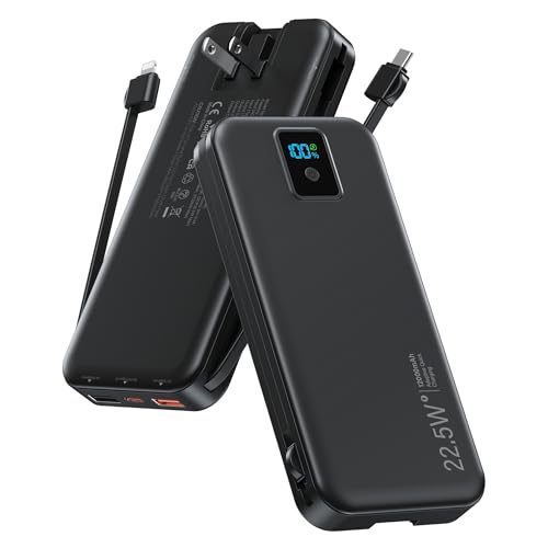 Portable Charger, 12000mAh 22.5W Fast Charging Power Bank with Built-in Cables & Wall Plug, Travel Essentials Battery Pack with LED Display, USB C External Battery Bank for iPhone iPad, Samsung Black
