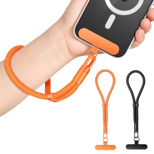 MoKo Paquete de 2 Muñequeras de Mano, Cordón Ajustable para el Teléfono, Brazalete Manos Libres para iPhone y la mayoría de Smartphones, Naranja/Negro