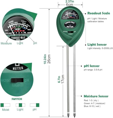 2 Pack Soil Tester, 3-in-1 Plant Moisture Meter Light and PH Tester Garden Lawn Farm, Indoor and Outdoor Use, Soil Test Kit Acidity Water