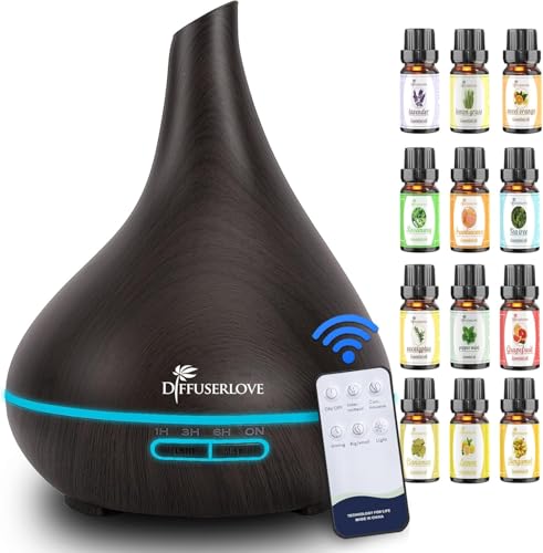 Diffuserlove Humidifier Essential Oil Diffuser 500ML Remote Control Cool Mist Aromatherapy Diffuser with Waterless Auto Shut-Off 7 Colour Changing LED Lights for Office Home Bedroom
