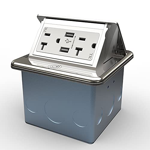 Pop Up Outlet Floor Electrical Box Waterproof with 4.8A USB Chargers and 2 Outlet Receptacle Stainless Steel Nickel Plating