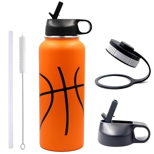 40 oz Basketball Water Bottle, Stainless Steel Vacuum Insulated Water Bottle with Straw and 2 Lids, Wide Mouth BPA Free Double Wall Leak Proof Flask for Sports, Travel, Gym, School
