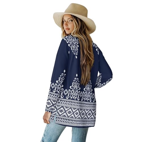 Image of Women's Aztec Open-Front Jacket Lightweight Casual Outerwear Native Western Aztec Pattern & Plaid Houndstooth Print