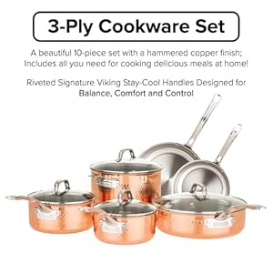 Viking Culinary 3-Ply Stainless Steel Hammered Copper Clad Cookware Set, 10 Piece, Oven Safe, Works on Electronic, Ceramic, and Gas Cooktops Viking Culinary 3 Ply Stainless Steel Hammered Copper Clad Cookware Set 10 Piece Oven Safe Works on Electronic Ceramic and Gas Cooktops