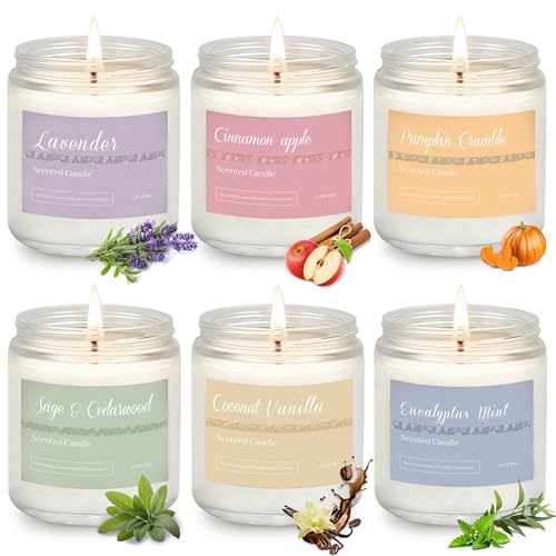 6 Pack Fall Candles for Home Scented, Candle Gift Set for Women Men,Fall Scented Candle Natural Soy Candles for Autumn Home Deco, Pumpkin/Apple/Vanilla/Cinnamon/Sage, Relaxing SPA, Holiday Gift