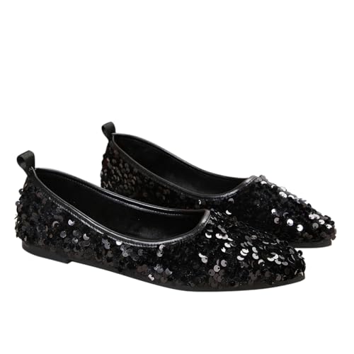 Minetom Femmes Ballerines à Bout Pointu Confortable Paillettes Fête Soirée Mariage Chaussures Plates à Enfiler A Noir 41 EU