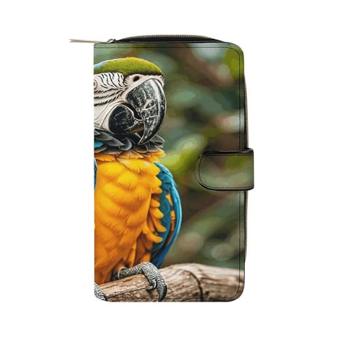 PU Leather Wallet Parrot Print Travel Purse Women's Long Bifold Wallet Ladies Card Holder Purse with Zipper & Snap Closure