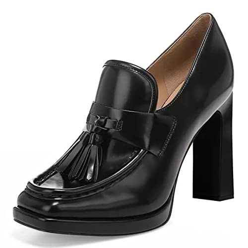 YDN Women Tassel Square Toe Penny Loafers Platform Chunky High Heel Pumps Slip on Work Office Outift Shoes Size 4-15 US