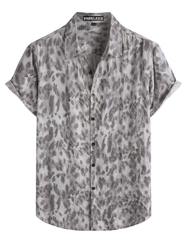 Image of PARKLEES Men's Hawaiian Short Sleeve Button Down Shirts Summer Casual Vintage Lightweight Shirt Grey Large