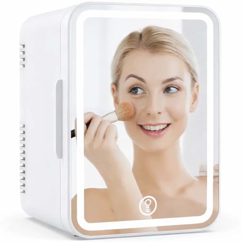 MoraRise 6L Mini Fridge for Bedrooms Portable Cooler & Warmer Skincare Fridge with LED Mirror AC/DC Compact Beauty Fridge for Food Car Home Office Drinks Cosmetic Skin care (White 6L)