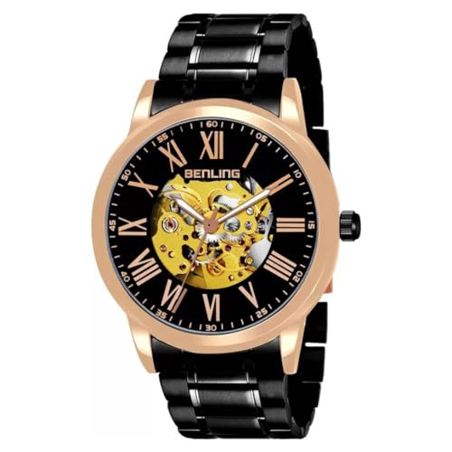 Image of Benling Skeleton Analog Automatic Watch for Men, Mechanical Movement, Leather Strap, Formal Casual Party Official Purpose