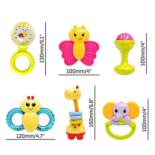Infunbebe Baby Rattles Teether Toy, Grab, Shaker & Spin Rattle, First Senses Shaking Bell Rattle Set For 3+ Months Infant, 6 Pcs #TOP6