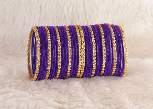 Image of NMII Premium Glass & Golden Beads Velvet Bangle Set For Women and Girls | Velvet Chudi | Traditional Chudi Set | Designer Girl's Bangles Bracelet | Wedding, Party, Festive, Daily- Set of 34