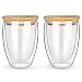 NimaTea Glass Mug Set of 2, 12 Ounces Each, Double Wall Insulated Drinking Cup with Bamboo Lid, Also Good as Tea, Coffee and Wine Cups. Keeps Warm and Cold Drinks Longer. Comfortable to Touch