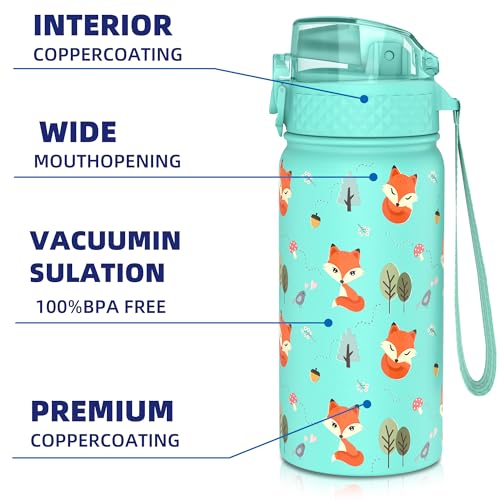 GOPPUS 420ml/14oz Kids Insulated Water Bottle with Straw Cute Double Wall Stainless Steel Child's Small Flask Vacuum Insulated Steel Metal Leak Proof Drink Flask Boys Toddler Girls Bottles BPA-Free - Image 4