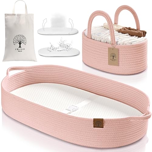Image of J&JOO Baby Changing Basket includes Diaper Caddy - Breathable & Waterproof Dual-Cover, Portable, Changing Pad for Dresser & Changing Table, Gift for Baby Shower (Coral Pink, Diaper Caddy Set)
