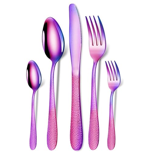Image of aDai Hammered Rainbow Silverware Set | 5-Piece Premium Stainless Steel Flatware Set | Dishwasher Safe Cutlery Set for Home, Restaurant & Gifting