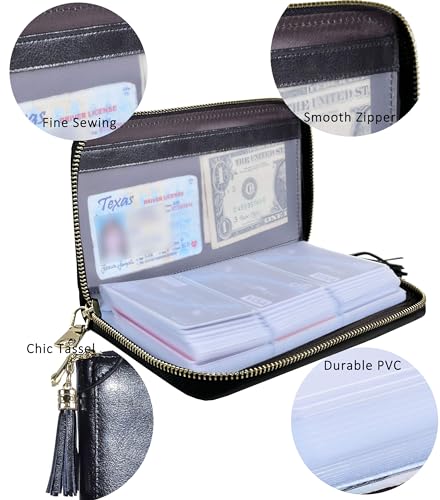 Image of Womens Credit Card Holder Wallet RFID Leather Small ID Card Case, 60 Card Slots - BlackNew, 7.67 inch x 4.6 inch x 1 inch (19.5 x 11.3 x 2 cm), Fashion