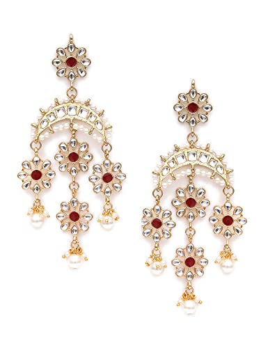 Image of Karatcart Gold Plated Floral Red Meena Kundan Dangler Earrings for Women