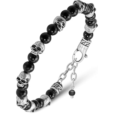 RTZN® Skull Bracelet for Men – Premium Artisan Handcrafted Black Obsidian Bracelet – 6MM Beaded Adjustable Skull Bracelet for Women and Mens Memento Mori Bracelet Cover