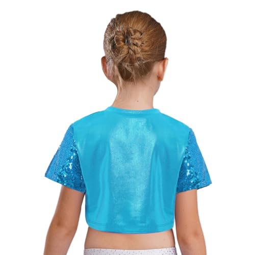 Kids Girls Color Block Dance Set Shiny Sequin Short Sleeve Crop Top & Shorts for Jazz Performance4