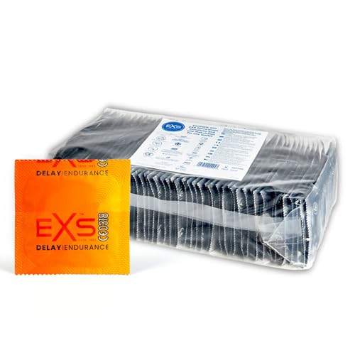 EXS Delay Condoms (144 Pack) Regular Fit Premium Latex with Non-Spermicidal Lube Straight-Walled with Teat PETA-Approved Vegan Condom 3 Year Life - CE Marked NHS Approved Male Condoms