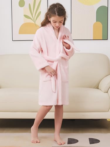 Umeyda Girls Robe, Shawl Collar Fuzzy Fleece Bathrobes with Belt and Pockets for Kids Boys, 2-15 Years3