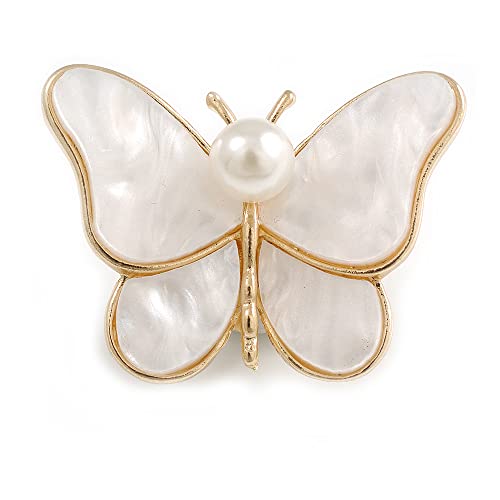 Image of White Resin Bead Butterfly Brooch in Gold Tone - 40mm Across