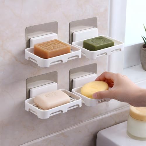 Image of Self Adhesive Soap Holder for Bathroom Wall | Plastic Soap Stand with Drain Tray | Wall Mounted Soap Dish | No Drilling Bathroom Soap Holder (White Rectangular 04)