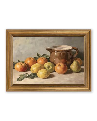 Zzudis Gold Framed Canvas Wall Art,Oranges Pear Still Life Oil Painting Artwork,Farmhouse Fruit Wall Decor for Kitchen,Dining Room-12''x16''In
