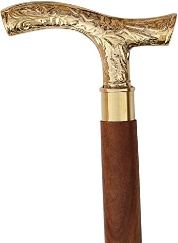 Riyex Walking Stick - Men Derby Canes and Wooden Walking Stick for Men and Women - 37" Brown Ebony Brass T Shape Handle in Golden Tone Natural Wood Unisex Cane