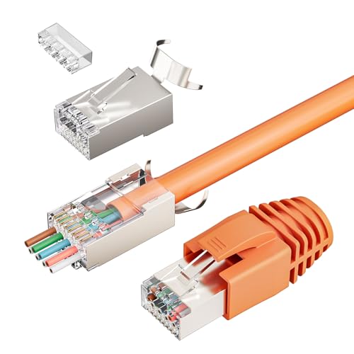 FGB 10Gbps RJ45 Stecker CAT 7 CAT 6A,10er Set Netzwerkstecker, Pass-Through & Geschirmt, 50&mu; Vergoldet, Lan Stecker f&uuml;r Verlegekabel AWG23 POE