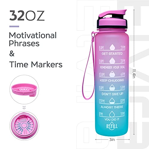 Image of Elvira 32oz Large Water Bottle with Motivational Time Marker & Removable Strainer,Fast Flow BPA Free Non-Toxic for Fitness, Gym and Outdoor Sports